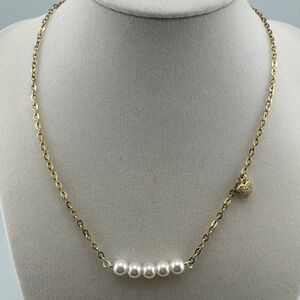 Gold Tone Faux Pearl Station Necklace with Pave Rhinestone Heart Charm